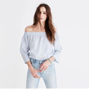 Madewell Clean Off-the-shoulder Top Cotton White Blue Stripe Size Large Preppy